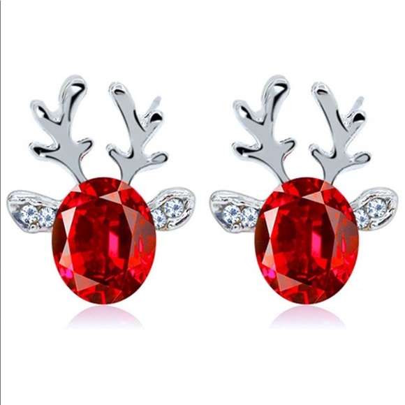 Red Crystal Reindeer Christmas Stud Earrings Holiday Nwt - Picture 2 of 4